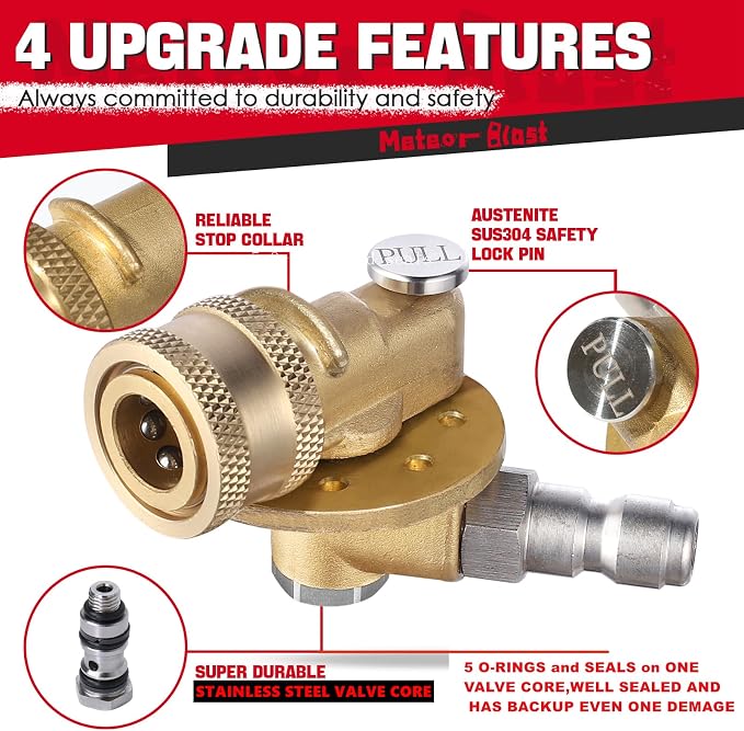 Meteor Blast Pivoting Coupler with 8 pressure washer nozzle tips 2.5gpm, 270 Degree with 7 Angles, heavy duty design and Stainless Steel Lock, Clean Hard to Reach Area, 5000PSI