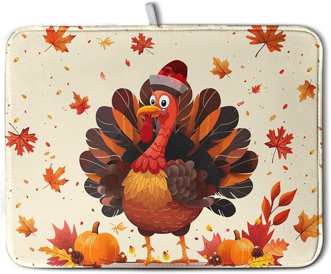 Happy Thanksgiving Dish Drying Mats for Kitchen Counter Autumn Fall Turkey Maple Leaves Pumpkin Drying Mat 18 x 24 Inch Microfiber Absorbent Dish Drying Pad Washable Dish Drainer Mats for Coffee Bar