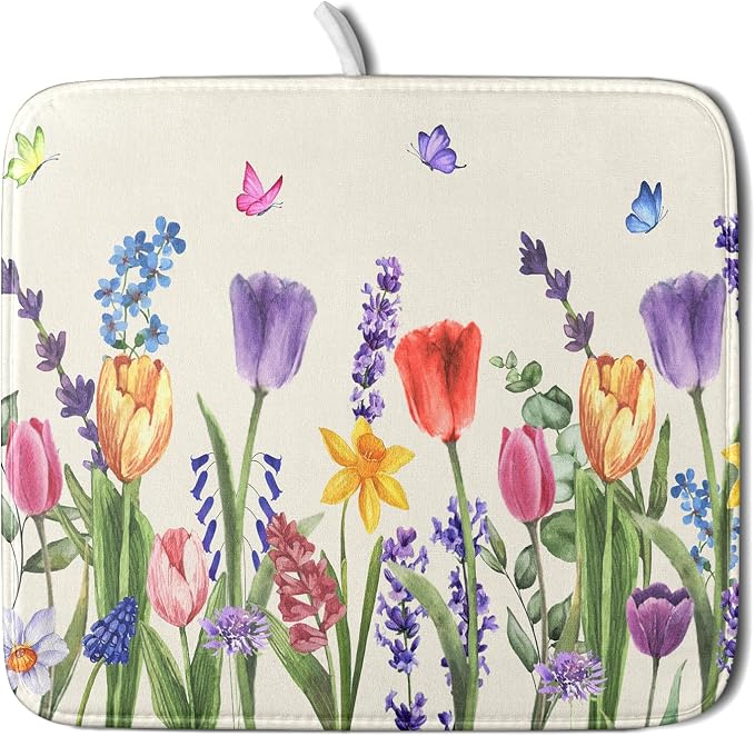 Spring Summer Colorful Flower Dish Drying Mat 16x18 Inch Spring Wildflowers Kitchen Pad Botanical Floral Drainer Rack Mats Absorbent Fast Dry Microfiber Dish Drying Pad for Countertop Table Decoration