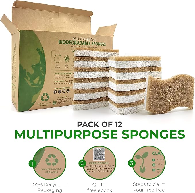 AIRNEX Natural Kitchen Sponges (12 Pack) - Biodegradable Cellulose & Coconut Scrubber Dish Sponges for Kitchen - Eco-Friendly, Non Scratch, Compostable, Non Toxic S-Shaped Natural Sponges for Dishes