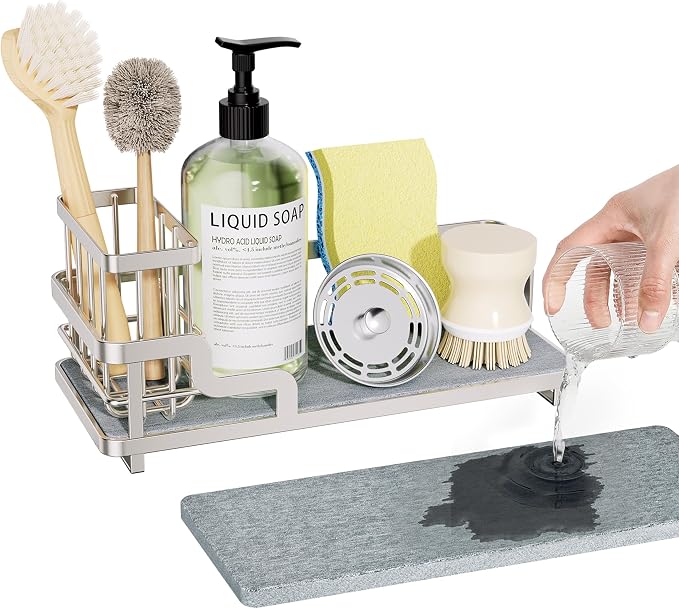 Consumest Sponge Holder for Kitchen Sink - Sink Caddy Organizer with Water Absorbing Stone Tray, Detachable Brush Holder, Stainless Steel Kitchen Counter Organizer Rack, Sand Nickel