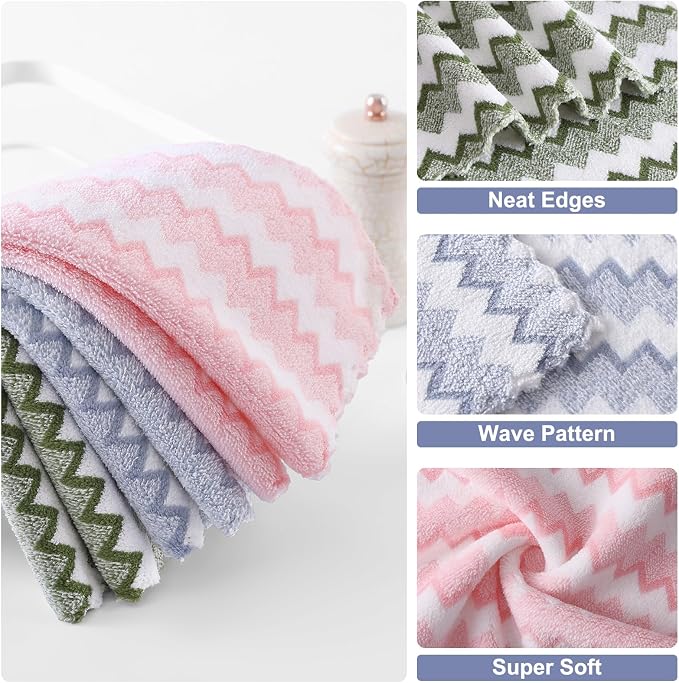Homaxy 12 Pack Kitchen Dish Cloths, Ultra Soft and Absorbent Dish Towels, Reusable Fast Drying Microfiber Cleaning Cloth, Double Waves Coral Velvet No-lint, 10 x 10 inches, Blue/Green/Pink