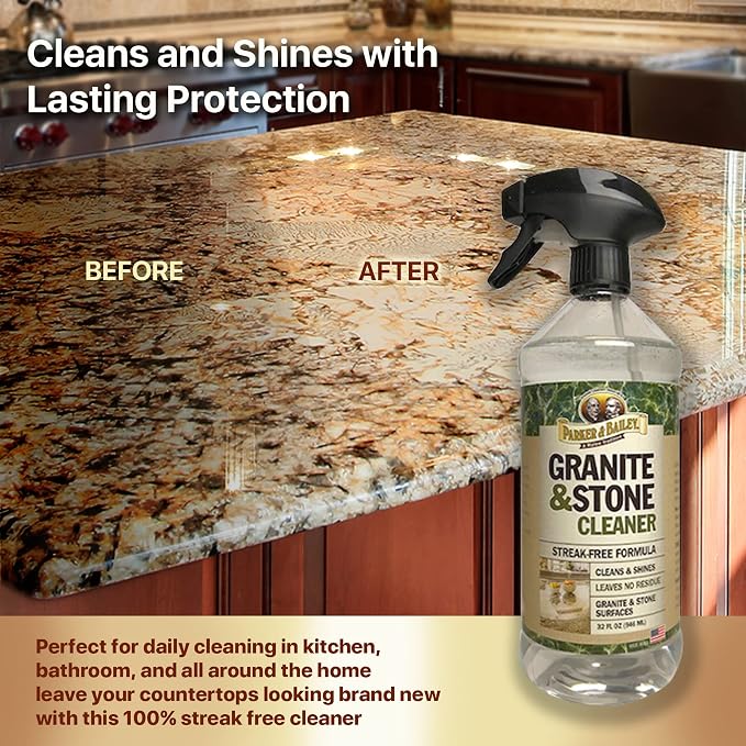 Parker & Bailey Granite & Stone - Countertop Cleaner Kitchen Island Cleaning Spray Marble Tile Slate Quartz Daily Granite Bathroom Counter -White, 32 Oz