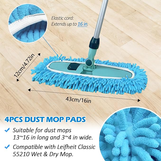 4PCS 13''~16'' Microfiber Dust Mop Pads Compatible with Leifheit 55210 | Reusable Mop Refills,Replacent Wet Mopping Pad & Washable Dry Sweeping Cloths for Hardwood Floor/Tile/Marble Cleaning