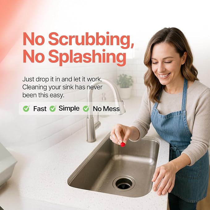 Sink Garbage Disposal Cleaner 50-Count | Easy-Use Garbage Can Odor Eliminator with Powerful Cleaning Action | Peach Scented Sink Drain Cleaner and Sink Smell Eliminator | Quality Home Living by Perfa