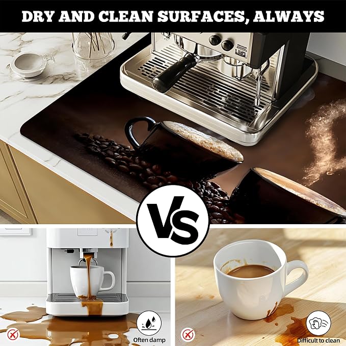 Dish Drying Mat Large Coffee Mat Absorbent Drying Mat for Kitchen Counter Coffee Bar Accessories 32"x 17", Latte Cups 5