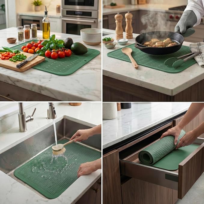 MicoYang Silicone Dish Drying Mat for Multiple Usage,Easy clean,Eco-friendly,Heat-resistant Silicone Mat for Kitchen Counter or Sink,Refrigerator or Drawer Liner Green 2XL 24 inches x 18 inches