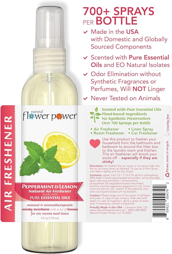 Natural Flower Power Air Freshener Spray - Odor Eliminator with Essential Oils for the Home, Car & Fabric - Cruelty Free & Vegan - Lavender + Peppermint & Lemon - 2 x 4 oz