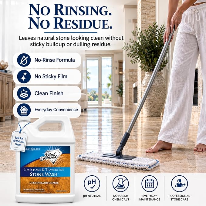 Black Diamond Stoneworks Limestone & Travertine Stone Wash Concentrate – pH Neutral Cleaner for All Sealed & Unsealed Natural Stone Floors Including Marble, Slate, Granite & More (1 Gallon)
