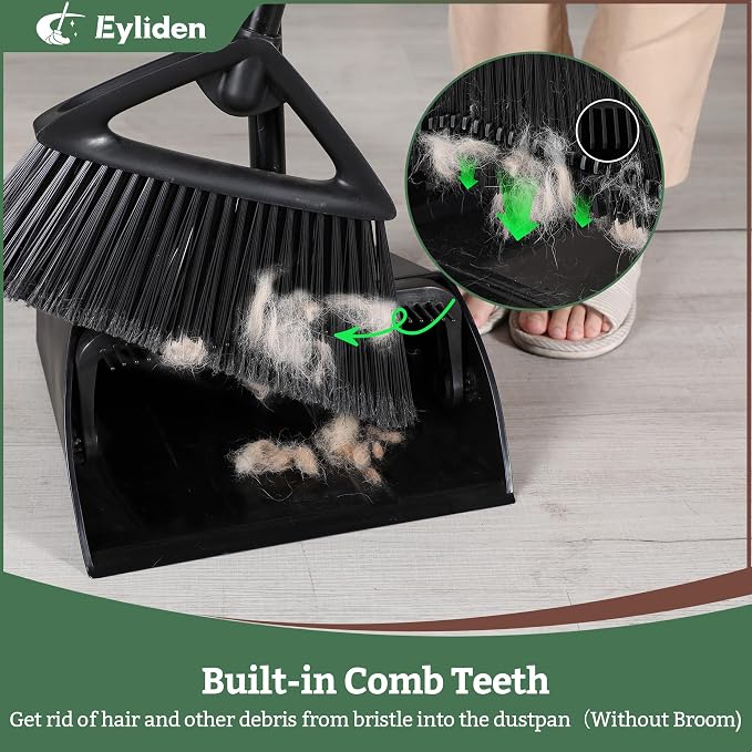 Eyliden Commercial Broom and Dustpan Set, with Long Handle, Comb Teeth Dust Pan Sweep Set for Outdoor Garages Courtyard Sidewalks Decks Indoor Home Kitchen Room Office