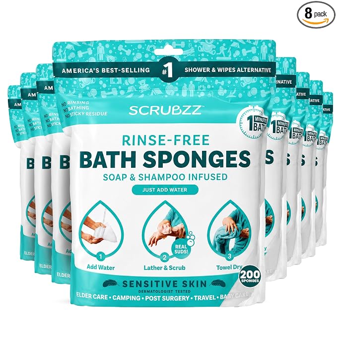 Scrubzz Disposable No Rinse Bathing Wipes for Sensitive Skin - All-in-1 Single Use Shower Wipes, Simply Dampen, Lather, and Dry Without Shampoo or Rinsing (Sensitive Skin, 8-Pack)