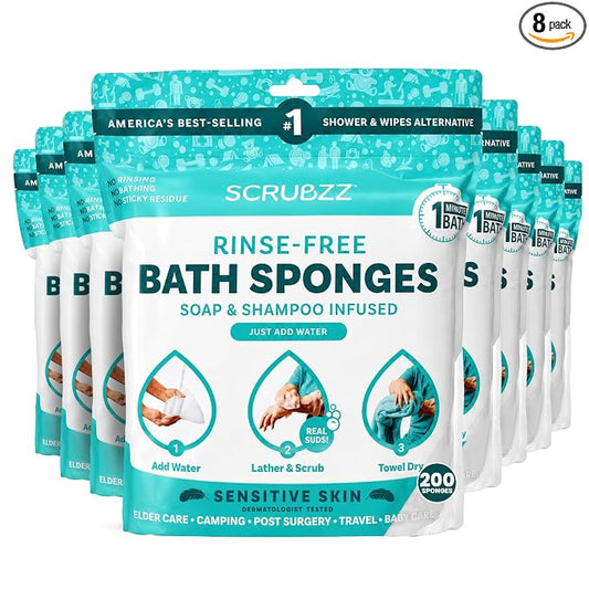 Scrubzz Disposable No Rinse Bathing Wipes for Sensitive Skin - All-in-1 Single Use Shower Wipes, Simply Dampen, Lather, and Dry Without Shampoo or Rinsing (Sensitive Skin, 8-Pack)