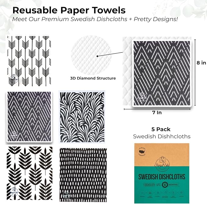 Harps&Seb Swedish Dishcloths for Kitchen Dish Towels - 5 Pack, Non-Scratch Reusable Paper Towels, Super Absorbent Washable Swedish Dish Cloths, No Odor, Biodegradable, Black and White Design