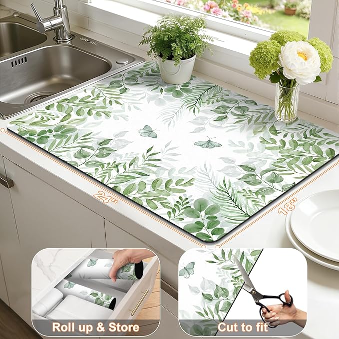 LOKHOM Dish Drying Mat for Kitchen Counter, 18"x24" Absorbent Mat with Green Plant & Butterfly Pattern, Drain Rack Mat for Counter Coffee Maker, Dining Room Decor