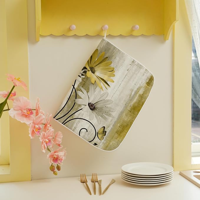 Floral Dish Drying Mat 18x24 Inches For Kitchen Counter Yellow Daisy Flower Kitchen Decoration Drying Mat Modern Decorative Drying Pad For Home Kitchen Decor,Dining Room,Office Decor