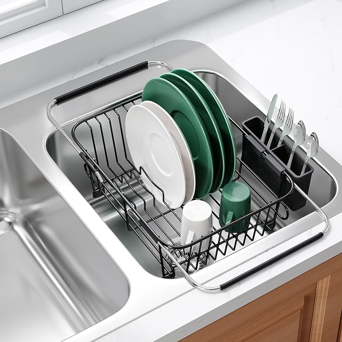 Apartment RV Small Dish Drainer Drying Rack Over The Sink In Stainless Steel for Narrow Kitchen, Counter Space Saving Compact Expandable Metal Plate Dryer Strainer, Black Adjustable Wire Drain Holder