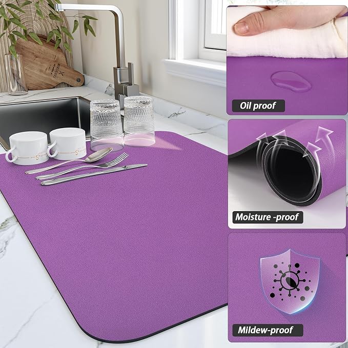 HotLive Dish Drying Mat for Kitchen Counter, Heat Resistant Drainer Mats with Non-slip Rubber Backed, Hide Stain Kitchen Super Absorbent Draining Mat, Easy to Clean Dish Rack Pad, Purple 18"x24"