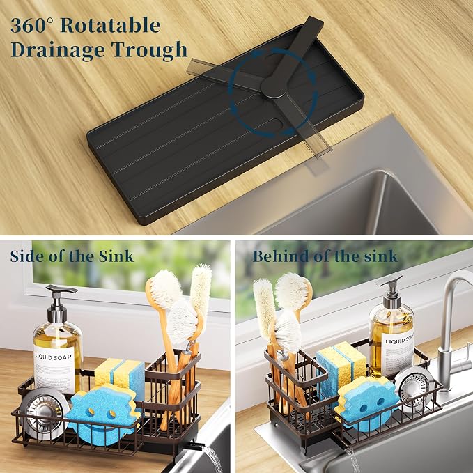 Consumest Sponge Holder for Kitchen Sink - Auto Draining Sink Caddy Organizer with Detachable Rack, High Brush Holder, Kitchen Countertop Storage Accessories, Bronze