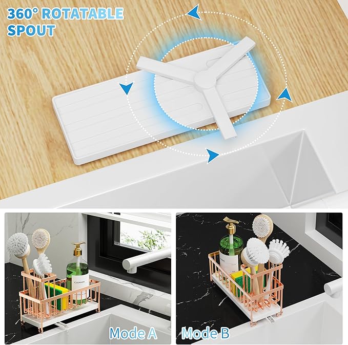 Cisily Sponge Holder for Kitchen Sink, Sink Caddy Organizer with High Brush Holder, Kitchen Countertop Organizers and Storage Essentials, Rustproof 304 Stainless Steel (Rose Gold, 9.25″)