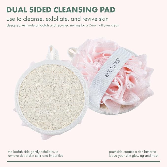 EcoTools EcoPouf Dual Cleansing Pad, Gentle Cleansing Body Scrubber, Exfoliating for Shower & Bath, Pink, 4 Count
