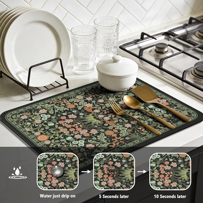 Dish Drying Mat for Kitchen Counter 16x18 Inch, Boho Quick Dry Coffee Mat | Made of super absorbent diatomite that quick dries dishes, coffee machine & sink area. Non-slip rubber base for countertop