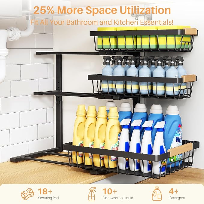 PXRACK Under Sink Organizer, 3-Tier 2-Pack Adjustable Height Pull Out Under Cabinet Organizer, Slide Out Thickened Metal Under Sink Storage for Kitchen Bathroom Laundry Pantry Organization, Black