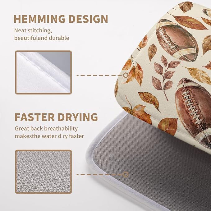 Burnt Orange Football Maple Leaves Fall Dish Drying Mat for Kitchen Counter Autumn Thanksgiving Dish Drying Pad Seasonal Harvest Holiday Absorbent Microfiber Dishes Drainer Mats 16x18 Inch