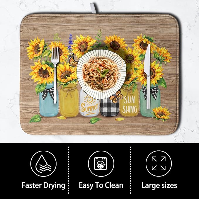 Sunflower Dish Drying Mat for Kitchen 16x18 Inch Counter Rustic Vintage Floral Vases Wood Grain Drying Mats Microfiber Absorbent Dishes Drying Pad Spring Summer Flowers Dish Drainer Rack Mat