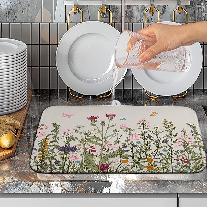 Wildflower Floral Dish Drying Mat for Kitchen Counter Vintage Rustic Flower Drying Mats Spring Summer Herb Plant Absorbent Microfiber Dishes Pad Washable Dish Draining Mat Medium 16"x18"