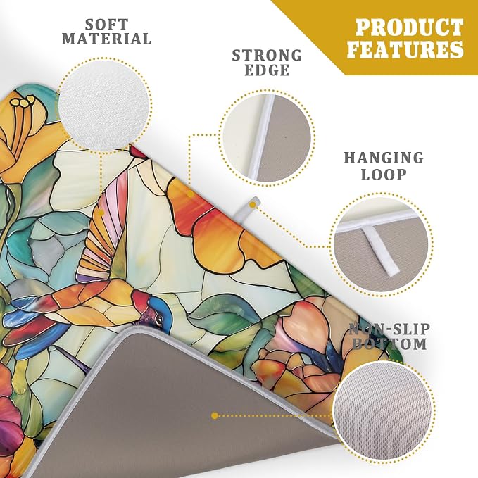 Spring Summer Dish Drying Mat for Kitchen Counter Hummingbird Microfiber Absorbent Dish Draining Reusable Washable Foldable Extra Large 18"x24"