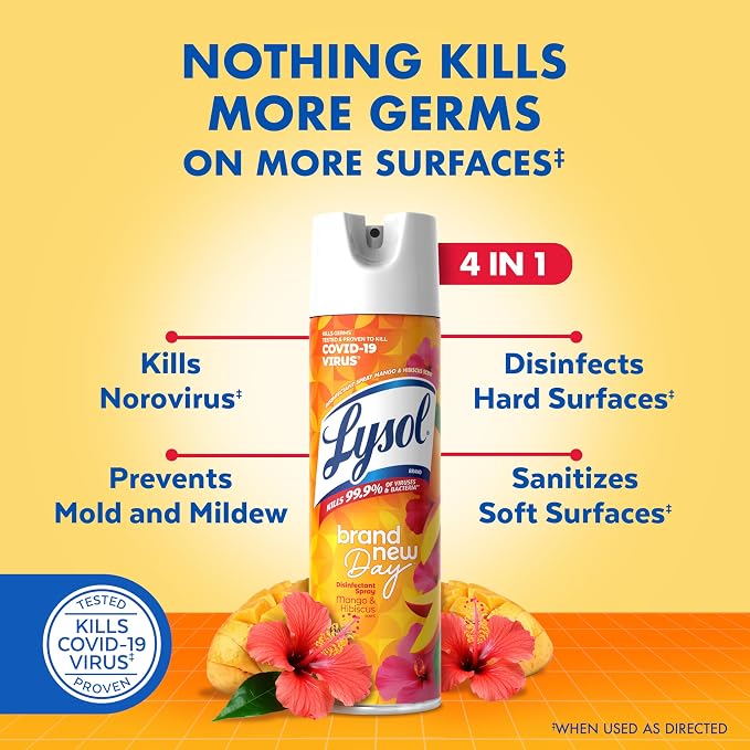 Lysol Disinfectant Spray, Household Cleaning Supplies, Disinfecting Multi-Purpose Room Spray, Antibacterial Sanitizer, Deodorizer, Kills Hantavirus, Mango & Hibiscus, 19 Fl Oz (Pack of 2)