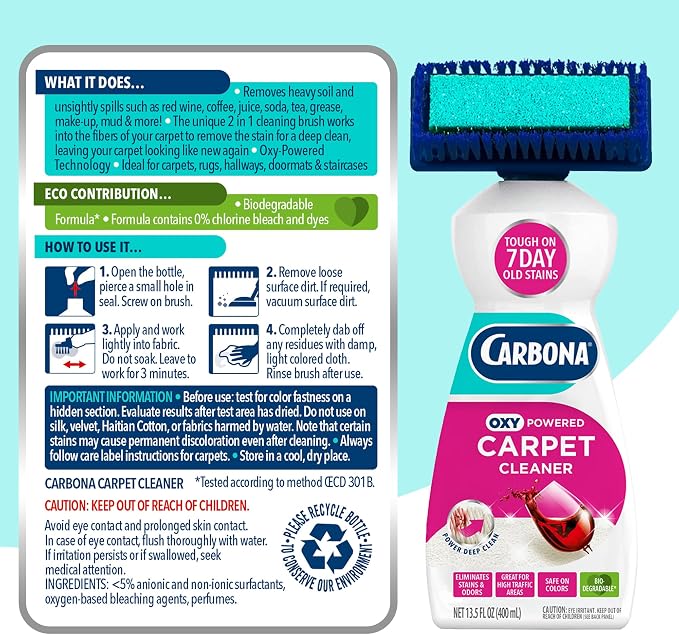 Carbona 2-in-1 Oxy-Powered Carpet Cleaner (13.5 Fl Oz), Spot Cleaner with Dual Sponge & Bristle Applicator for Targeted Cleaning, Fast Formula