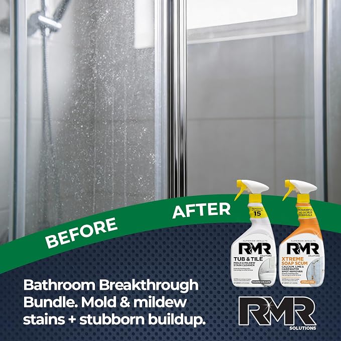 RMR Bathroom Breakthrough Bundle – Tub & Tile Cleaner + Xtreme Soap Scum Remover, 2-Step Deep Clean System for Shower, Tub, Tile, Grout, & Glass Buildup, Stains, & Grime, 2–32 Oz Bottles