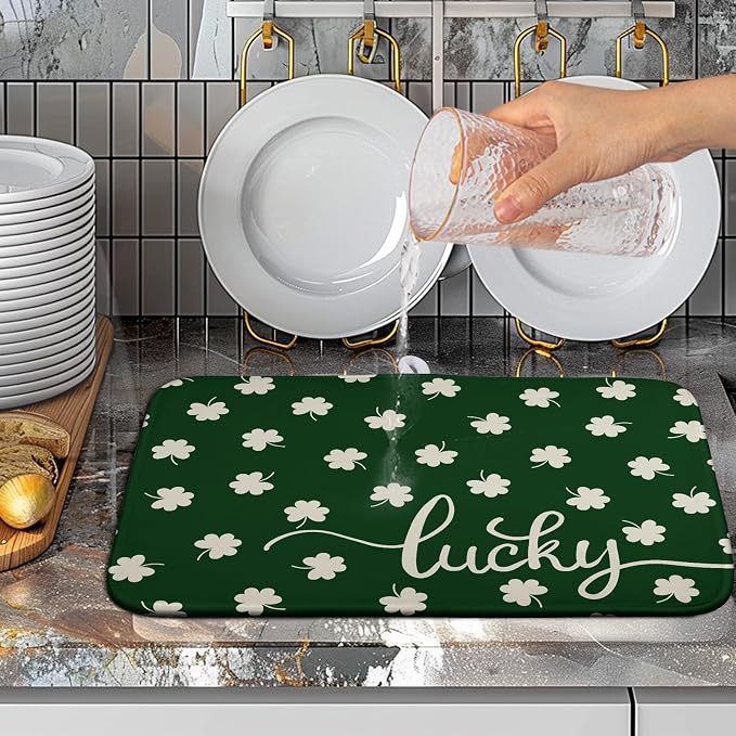 St Patrick Shamrock Drying Mat for Kitchen Counter Green White Lucky Clover Drying Dish Mat St Patricks Day Absorbent Microfiber Dish Drying Pad Reusable Dry Mat 16 x 18 Inch