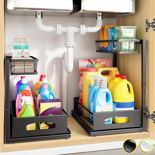 Under Sink Organizer, 2 Pack Cabinet Organizer for Kitchen, Height Adjustable Pull Out Heavy Duty 2 Tier Metal Under Sink Storage for Bathroom Pantry (Black, 2 Pack)