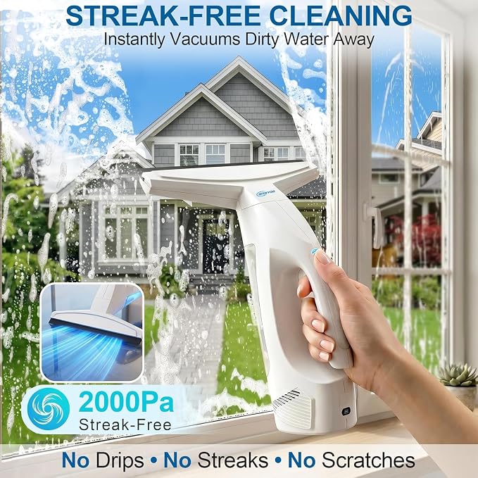 Window Vacuum Squeegee Cordless,Electric Window Cleaner with Extension Pole | Streak-Free Glass Cleaner for Shower Doors,Windows,Mirrors,Tiles,2000Pa Suction,2200mAh Battery,150ml Tank,2 Squeegee Blades.