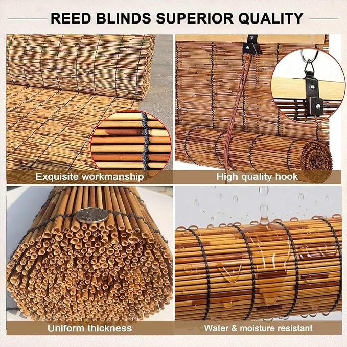 Bamboo Blinds Outdoor, Breathable Bamboo Roller Shades for Outside Patio, 36" 48" 60" 64" 72" 78" Width Privacy Sun Shade, Cordless Bamboo Roll Up Shades for Porch Backyard(42" W x 72" H)