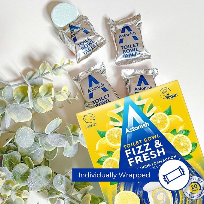 Astonish Foaming Lemon Splash Toilet Bowl Cleaner - Deep Cleaning Limescale, Calcium & Rust - No Bottle, Removes Hard Stains - 16 tablets (2 Boxes of 8)