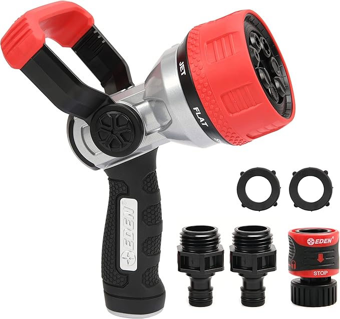 Eden 96806 Heavy-Duty Metal Fireman Hose Nozzle | 7 Spray Patterns, High-Pressure Garden Sprayer with Quick Connect Set & Bonus Washers