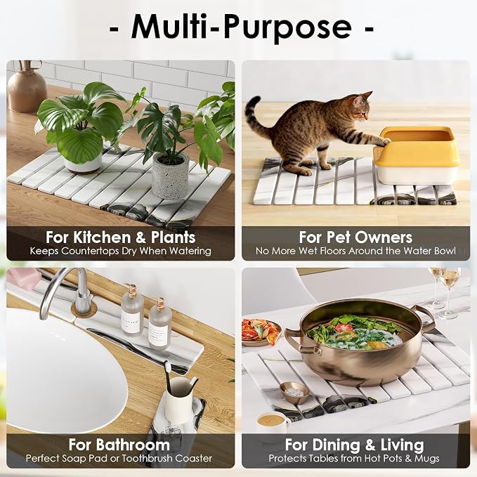 4-Piece Large Stone Dish Drying Mat for Kitchen Counter, 24"x16" Super Absorbent Diatomaceous Earth Drying Mat Set with Faucet Mat & Small Utility Mat, Rollable Quick Dry Pad for Dishes, Cups, Bottles