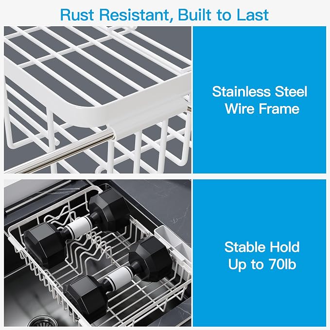 JASIWAY Expandable Stainless Steel White Dish Drying Rack Over The Sink for Small Kitchen, Counter Space Saving Compact Plate Drainer Strainer, Adjustable Hanging Metal Dish Dryer with Utensil Holder