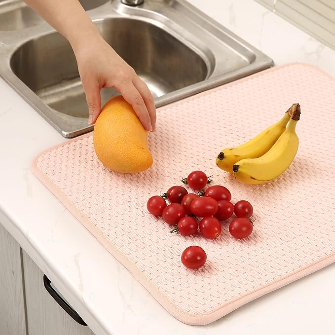 2 Pack Microfiber Dish Drying Mat for Kitchen Counter,Ultra Absorbent Dish Drainer Mat ,Dish Drying Pad , Dish Rack Mat 20×15 Inch (Dusty Pink)