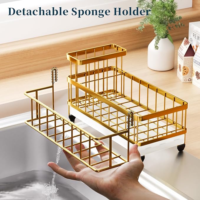 Consumest Sponge Holder for Kitchen Sink - Auto Draining Sink Caddy Organizer with Detachable Rack, High Brush Holder, Kitchen Countertop Storage Accessories, Gold