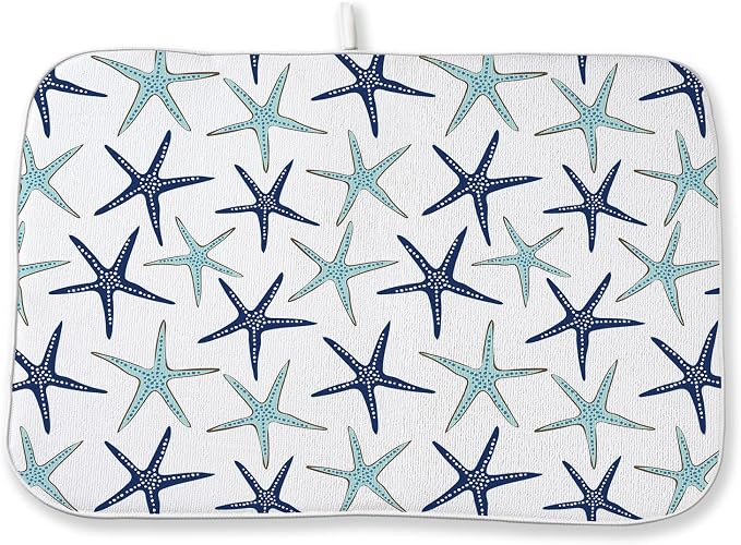 Coastal Dish Drying Mat 18x24 Inch Summer Navy Blue Teal Turquoise Starfish Summer Drying Mat Nautical Beach Ocean Absorbent Dish Drying Pad Dish Rack Drainer Mats for Kitchen Dining Counter