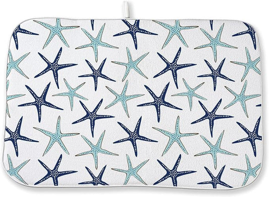 Coastal Dish Drying Mat 18x24 Inch Summer Navy Blue Teal Turquoise Starfish Summer Drying Mat Nautical Beach Ocean Absorbent Dish Drying Pad Dish Rack Drainer Mats for Kitchen Dining Counter