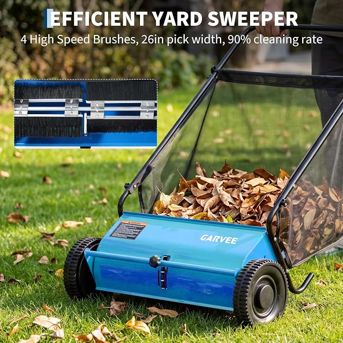 Push Lawn Sweeper 26Inch-Heavy Duty Walk Behind Leaf Collector and Yard Sweeper for Outdoor,Patio,Driveway,Garden Grass Sweepers,4 High Speed Spinning Brush,7 Cu. ft. Hopper Capacity | Yard Sweeper for Outdoor,Patio,Driveway,Garden Grass Sweepers,4 Hig...