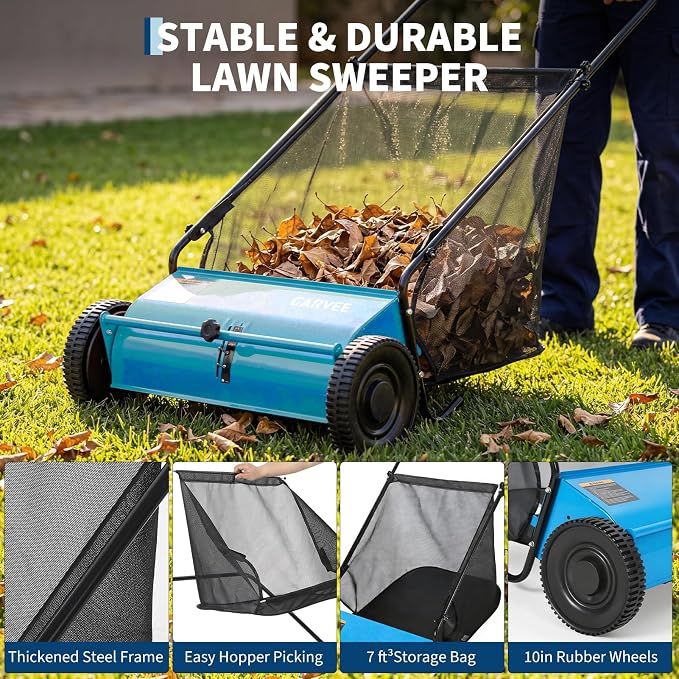 Push Lawn Sweeper 26Inch-Heavy Duty Walk Behind Leaf Collector and Yard Sweeper for Outdoor,Patio,Driveway,Garden Grass Sweepers,4 High Speed Spinning Brush,7 Cu. ft. Hopper Capacity | Yard Sweeper for Outdoor,Patio,Driveway,Garden Grass Sweepers,4 Hig...