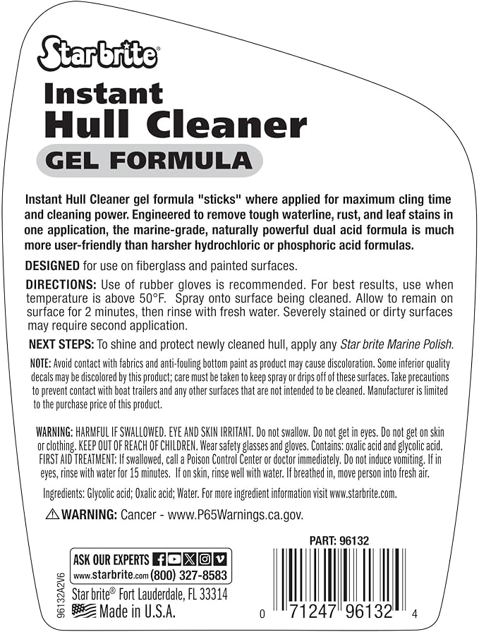 STAR BRITE Instant Hull Cleaner - 32 Oz Gel Spray - Easily Remove Stains,Scum Lines & Grime on Boat Hulls,Fiberglass,Plastic & Painted Surfaces - Easy to Use Formula (096132),(Pack of 2)