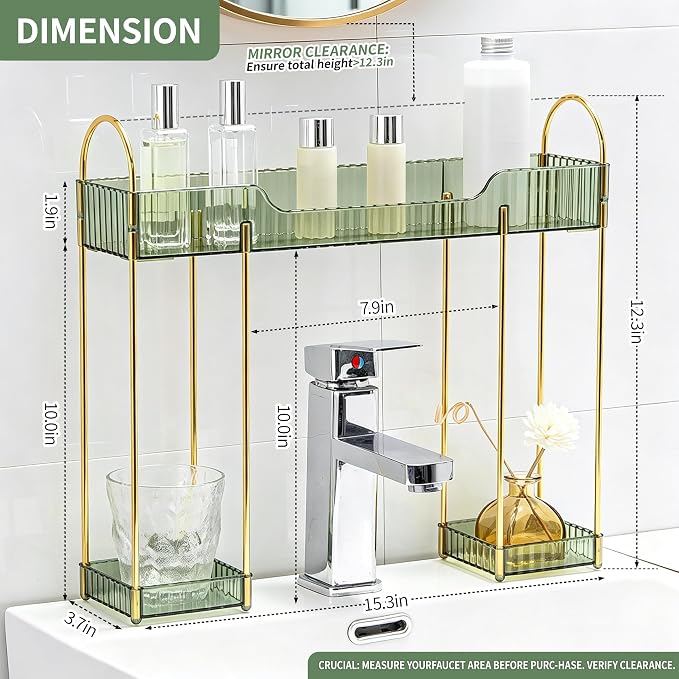 YCIA&DONE Bathroom Countertop Organizer Over The Faucet, Narrow Counter Organizers Above Sink, Table Mounted Faucet Sink Shelf for Kitchen, Toilet, Laundry(Vintage Green)