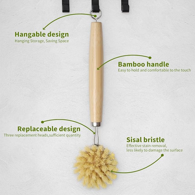 Bamboo Dish Brush with Long Handle - Natural Dish Scrubber Brush Set Includes 4 Replacement Brush Heads, Sisal Bristle Bamboo Brush for Dishes, Pans, Pot, Fruit and Veggie